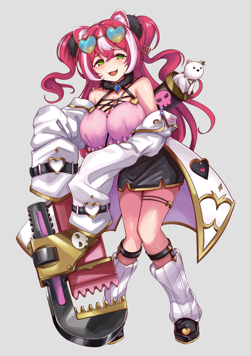 1girl, animal_ear_fluff, animal_ears, black_skirt, blue_gem, breasts, camisole, cleavage