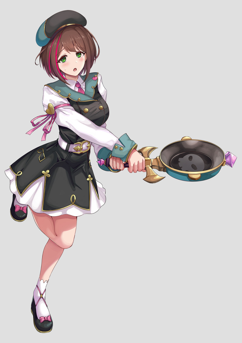 1girl, belt, beret, black_dress, black_footwear, bow, breasts, brown_hair