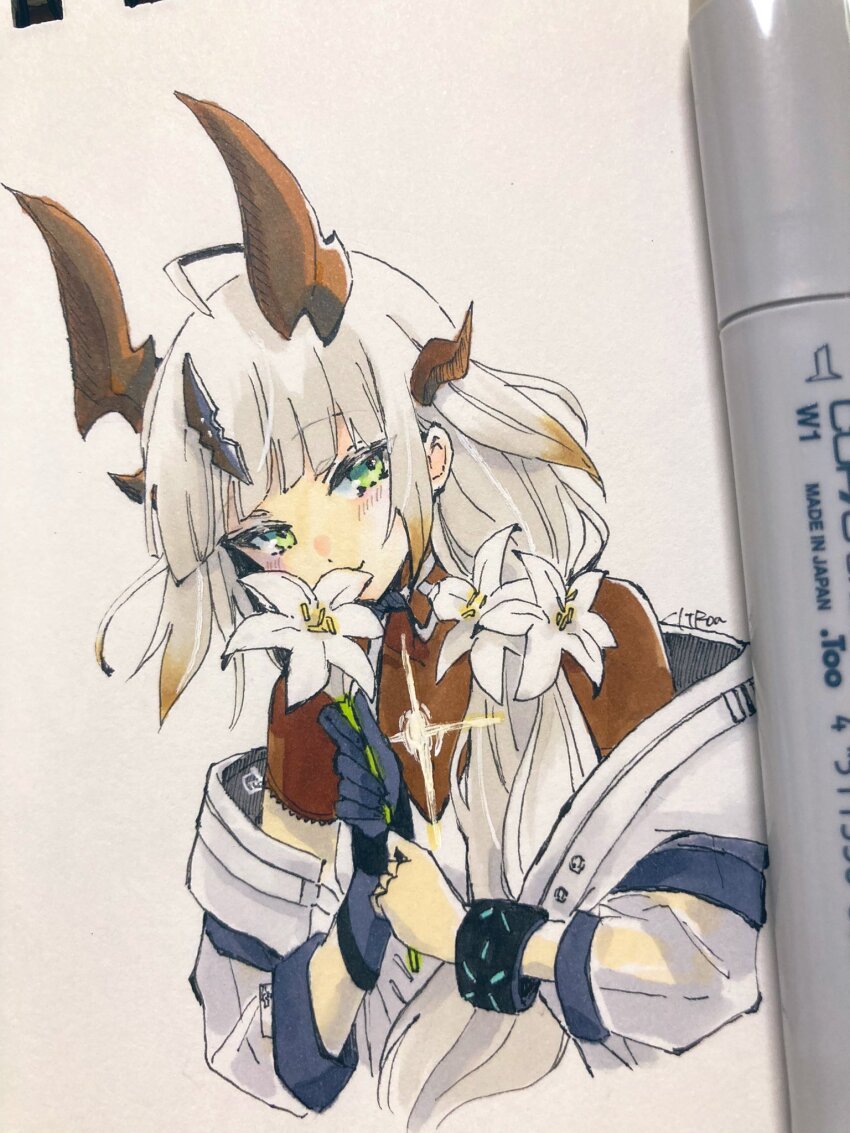 1girl, blush, citron80citron, colored_tips, copic_(brand), cowlick, dragon_girl, dragon_horns