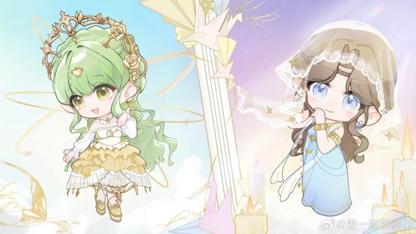 2girls, armlet, bare_shoulders, blue_dress, blue_eyes, blue_sky, bracelet, braid