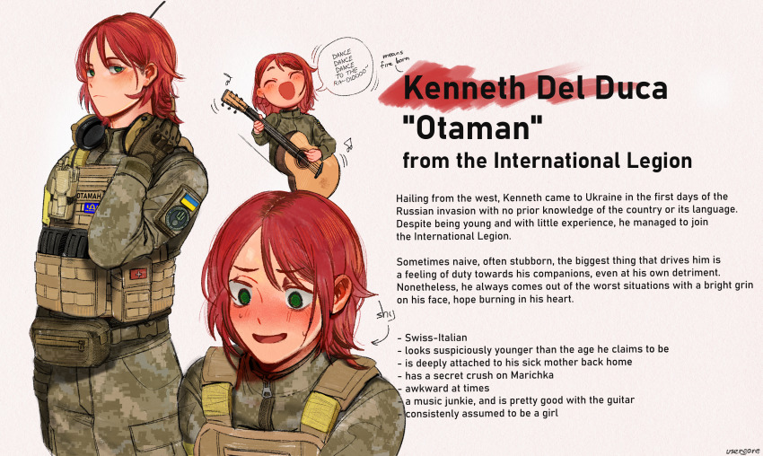 1boy, absurdres, acoustic_guitar, ammunition, ammunition_pouch, androgynous, armband, blush, bulletproof_vest, chibi, combat_uniform, commentary, cyrillic, english_commentary, frown, gloves, green_eyes, guitar, hand_on_headphones, headphones, headphones_around_neck, highres, holding, holding_guitar, holding_instrument, idi_nahui, instrument, international_legion_of_ukraine, kenneth_del_duca, long_hair, long_sleeves, looking_at_viewer, male_focus, military_combat_uniform, military_fatigues, military_uniform, multiple_views, music, open_mouth, original, playing_guitar, playing_instrument, pouch, red_hair, reference_sheet, russo-ukrainian_war, singing, soldier, switzerland, trap, ukraine, ukrainian_flag, ukrainian_text, usergore, walkie-talkie, war, white_background, yellow_armband