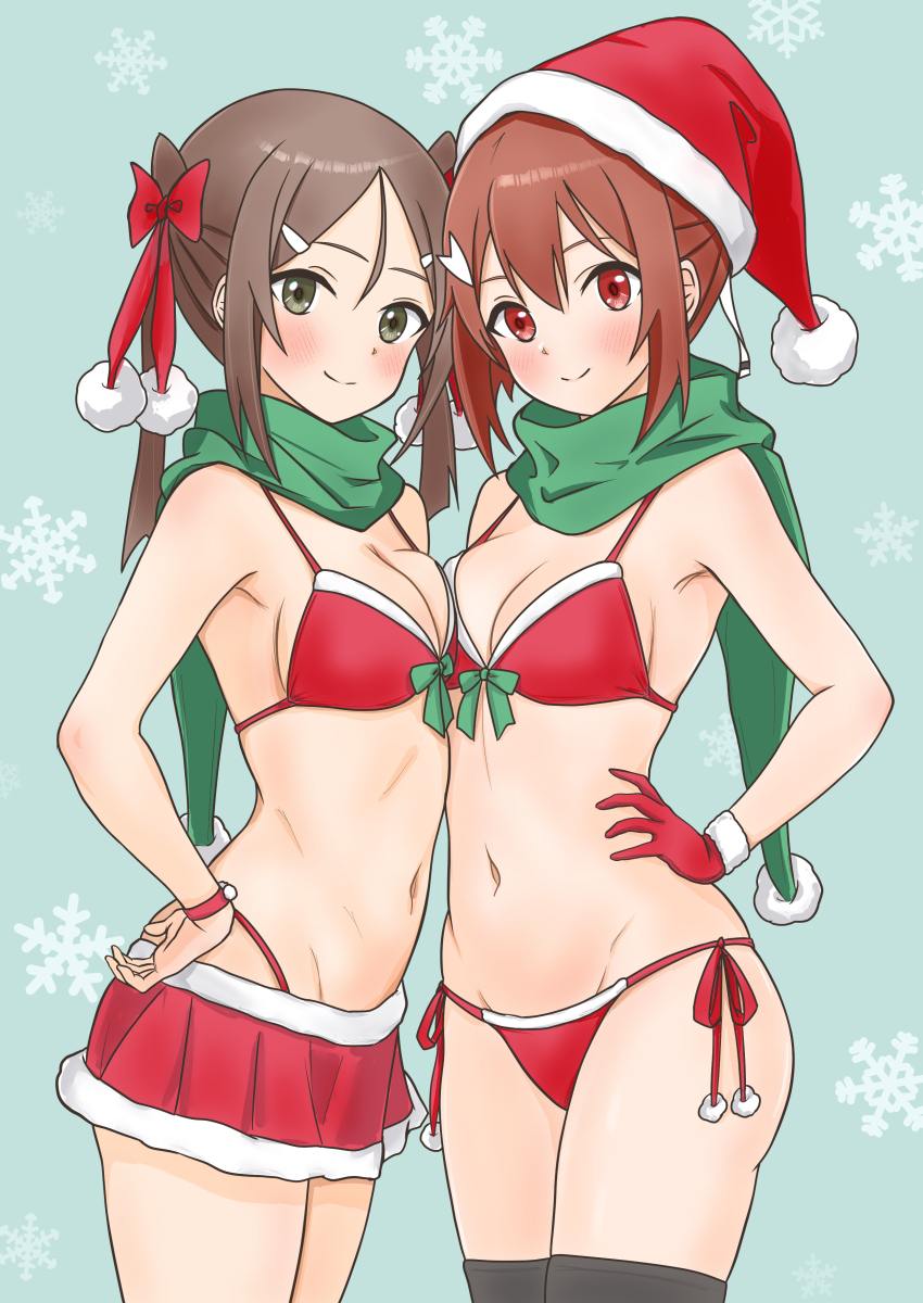 2girls, absurdres, asymmetrical_docking, bikini, black_thighhighs, blue_background, breast_press, breasts