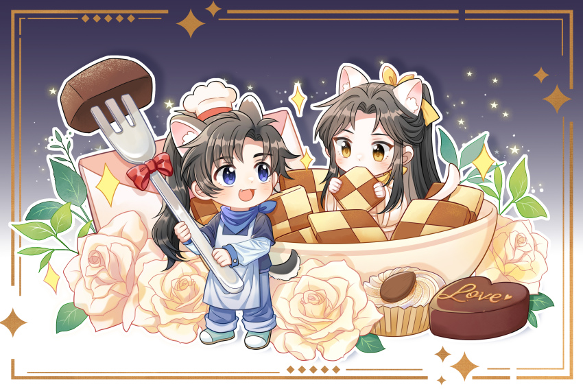 2boys, absurdres, animal_ears, apron, black_hair, blue_eyes, blue_neckerchief, blue_pants