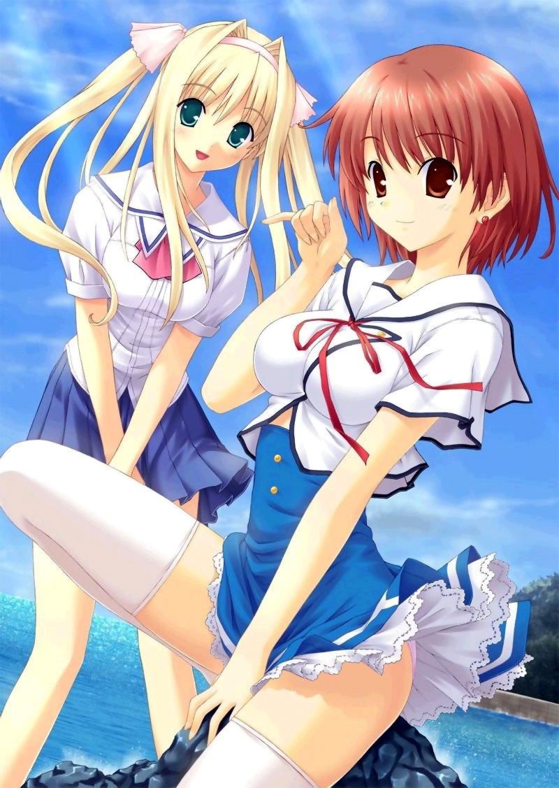00s, 2girls, blonde_hair, blue_eyes, brown_eyes, hayama_umi, kono_aozora_ni_yakusoku_wo, long_hair