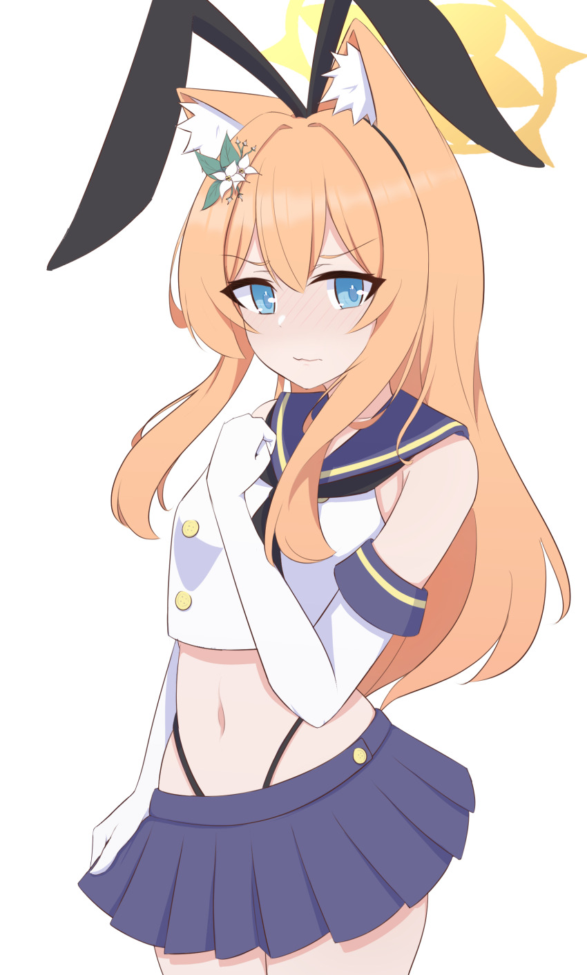 1girl, absurdres, animal_ear_fluff, animal_ears, black_hairband, black_neckerchief, black_panties, blue_archive, blue_eyes, blue_sailor_collar, blue_skirt, commentary, cosplay, crop_top, dog_ears, elbow_gloves, gloves, hairband, halo, highleg, highleg_panties, highres, kantai_collection, long_hair, looking_at_viewer, mari_(blue_archive), microskirt, miniskirt, navel, neckerchief, orange_hair, panties, pleated_skirt, risu_(risu028), sailor_collar, shimakaze_(kancolle), shimakaze_(kancolle)_(cosplay), shirt, simple_background, skirt, sleeveless, sleeveless_shirt, solo, striped_clothes, striped_thighhighs, thighhighs, underwear, white_background, white_gloves, yellow_halo