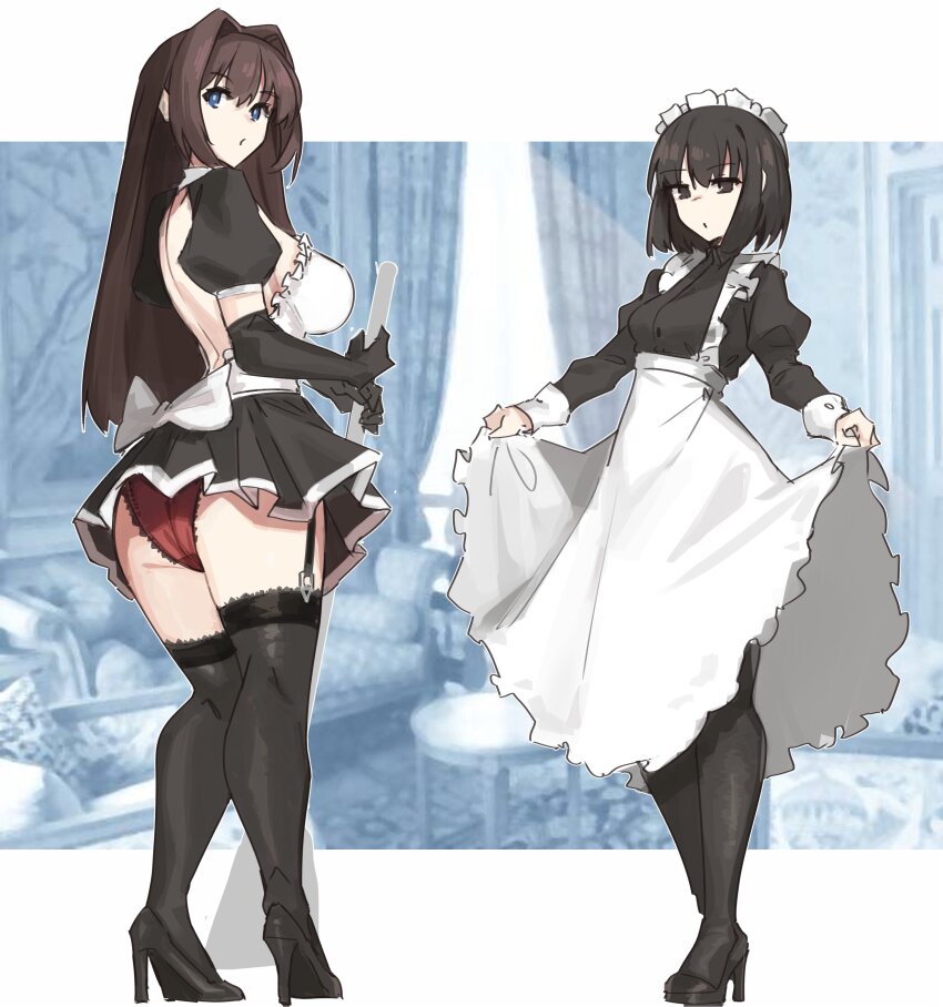 2girls, absurdres, alternate_costume, aozaki_aoko, apron, backless_dress, backless_outfit, black_dress
