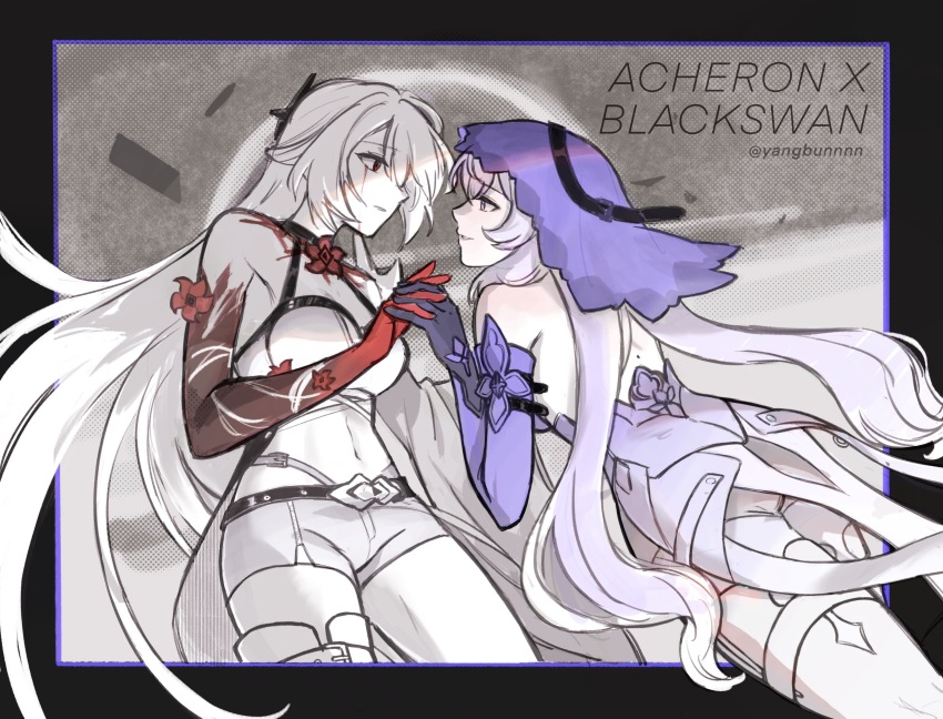 2girls, absurdres, acheron_(honkai:_star_rail), bare_shoulders, black_gloves, black_swan_(honkai:_star_rail), character_name, chinese_commentary