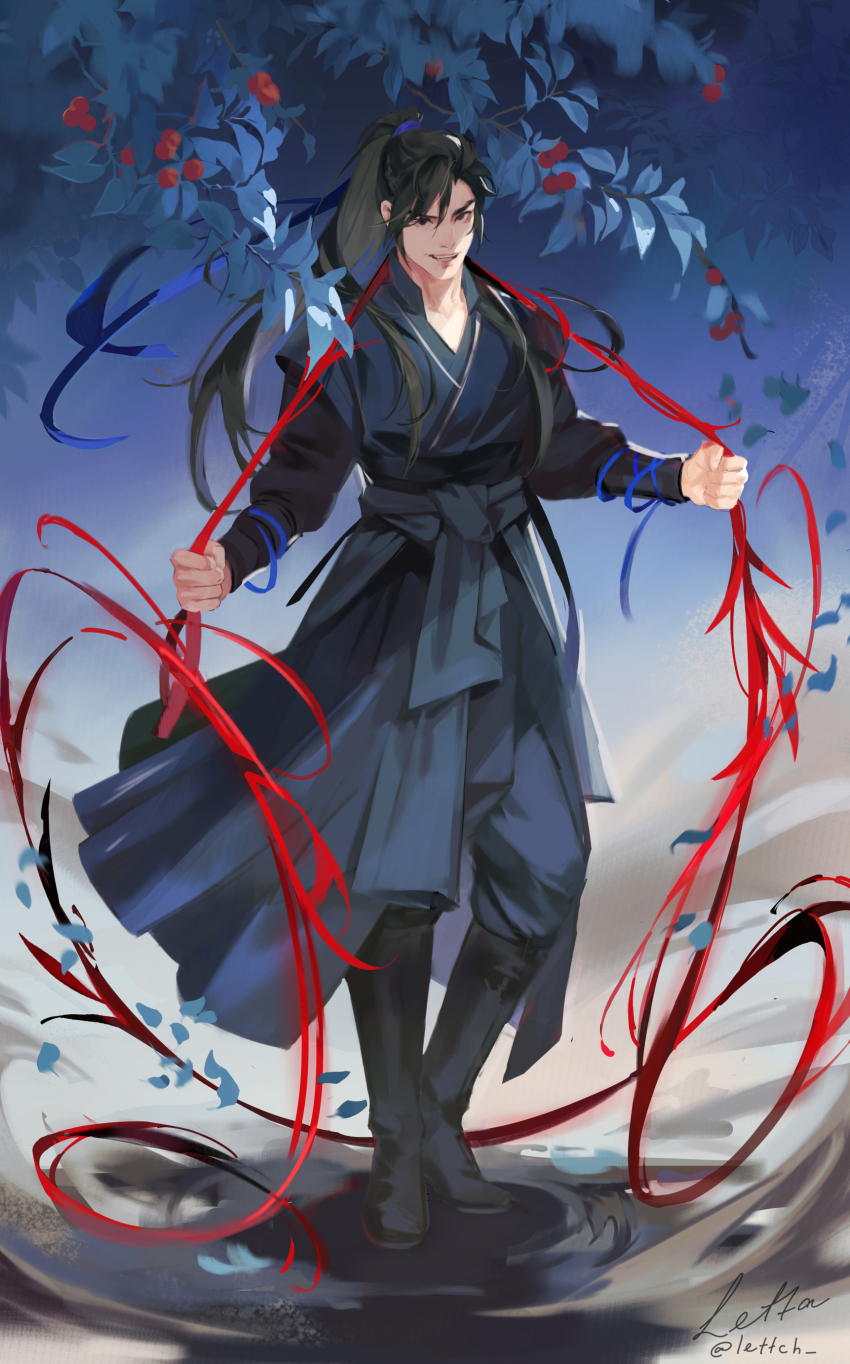 1boy, absurdres, black_boots, black_eyes, black_hair, black_hanfu, blue_ribbon, boots