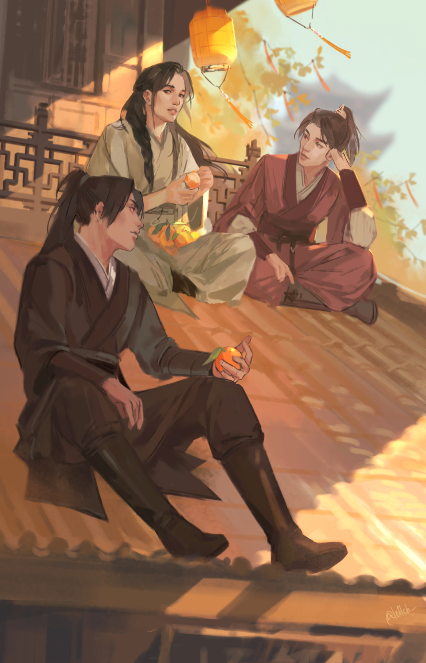 3boys, absurdres, architecture, black_footwear, black_hair, black_hanfu, blurry, blurry_background, boots, braid, brothers, brown_eyes, brown_footwear, brown_hair, building, chinese_clothes, closed_mouth, commentary, crossed_legs, day, depth_of_field, east_asian_architecture, elbow_on_knee, english_commentary, erha_he_ta_de_bai_mao_shizun, food, fruit, hand_on_own_face, hanfu, hanging_lantern, high_ponytail, highres, holding, holding_food, holding_fruit, lettch, long_hair, looking_at_another, luo_fenghua, male_focus, mandarin_orange, multiple_boys, nangong_liu, on_roof, outdoors, parted_lips, peeling, ponytail, purple_hanfu, rooftop, sash, siblings, sitting, sitting_on_roof, sky, smile, tassel, tree, twitter_username, wind, wind_lift, xiao_guan_(headdress), xu_shuanglin, yellow_hanfu