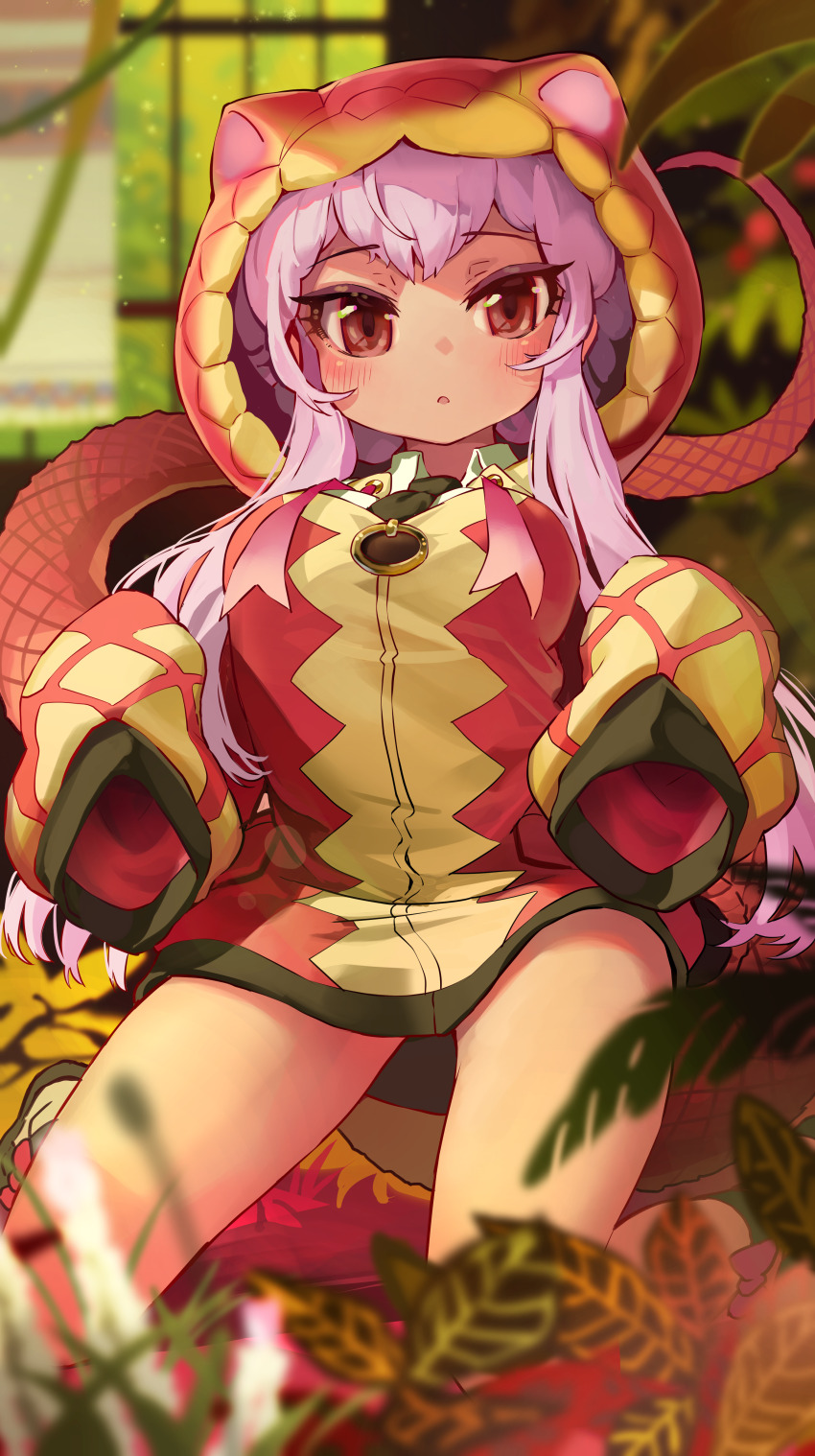 1girl, absurdres, animal_hood, bare_legs, blurry, blurry_background, blurry_foreground, blush