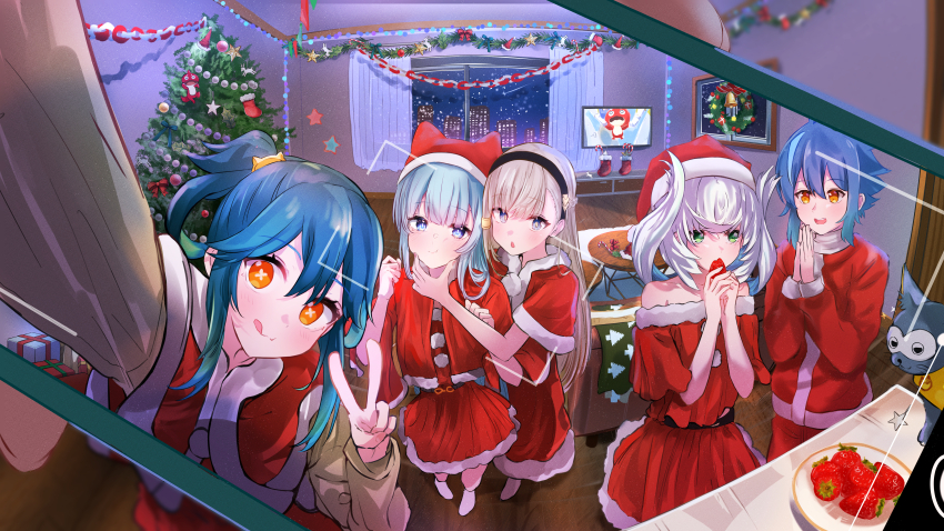 1boy, 4girls, absurdres, amida_(monster_strike), aqua_hair, blue_eyes, blue_hair, capelet