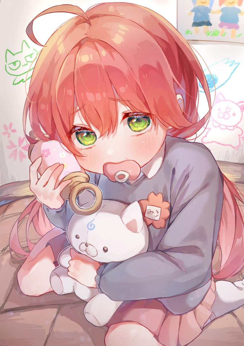 1girl, 35p_(sakura_miko), aged_down, ahoge, blush, cherry_blossom_print, commentary_request, floral_print