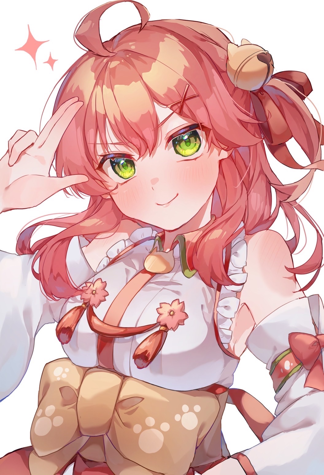 1girl, ahoge, bell, blush, bow, breasts, detached_sleeves, frilled_kimono