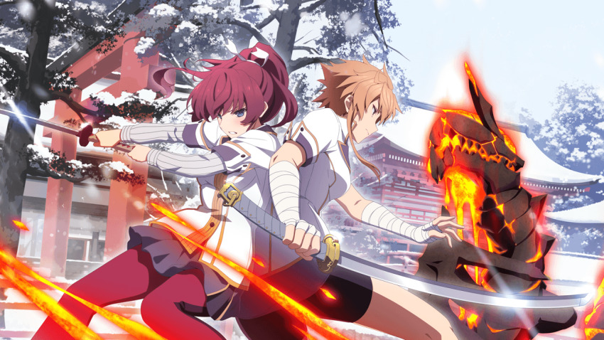 2girls, aradama_(toji_no_miko), back-to-back, bandaged_arm, bandages, black_shorts, blue_eyes, breasts