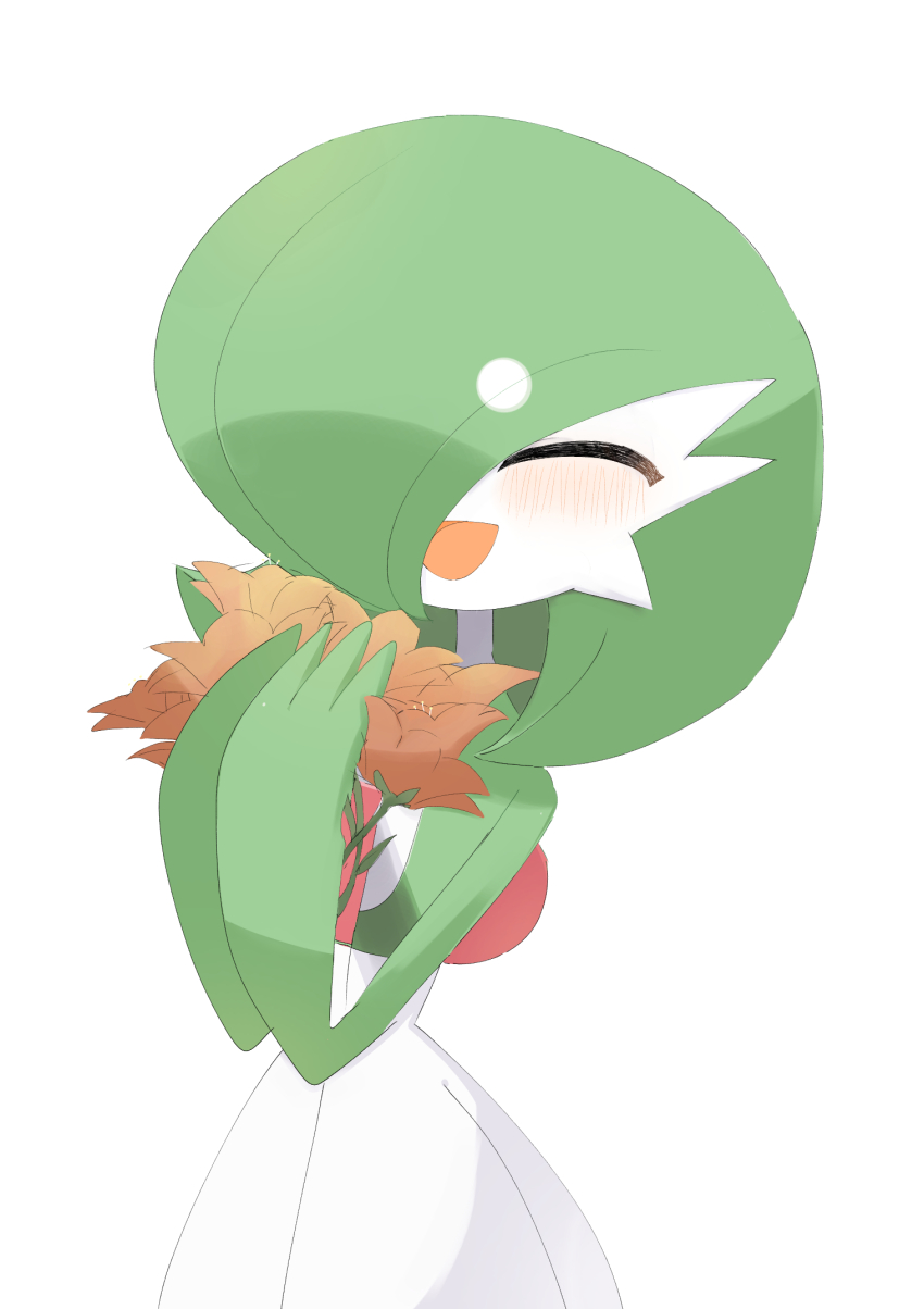 1girl, ^_^, blush, bob_cut, bouquet, closed_eyes, colored_skin, female_focus, flat_chest, flower, gardevoir, gen_3_pokemon, green_hair, green_skin, hair_over_one_eye, hands_up, happy, highres, holding, holding_bouquet, multicolored_skin, nintendo, one_eye_covered, open_mouth, own_hands_together, pokemon, pokemon_(creature), red_flower, shicha_(yagu), short_hair, simple_background, smile, solo, standing, two-tone_skin, upper_body, white_background, white_skin