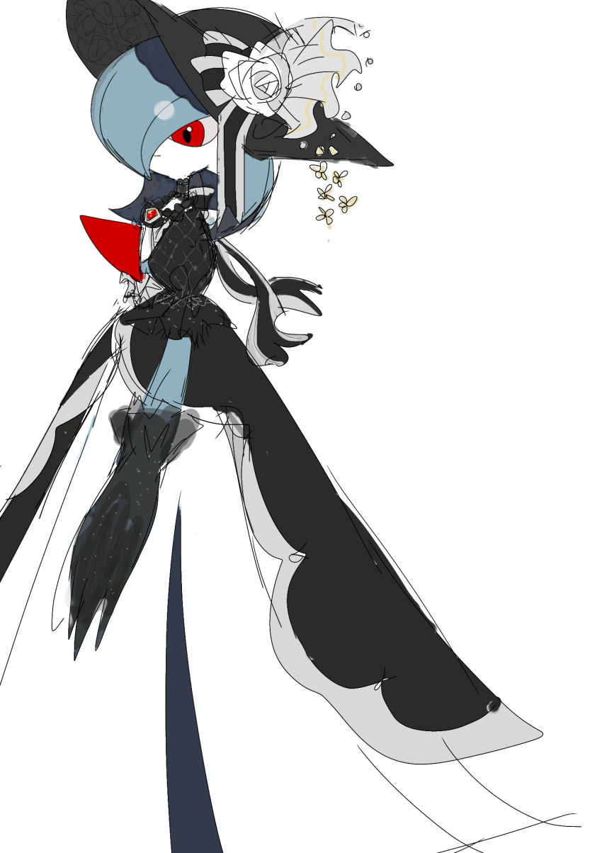 1girl, alternate_color, arm_at_side, black_bow, black_choker, black_dress, black_gloves, black_hat