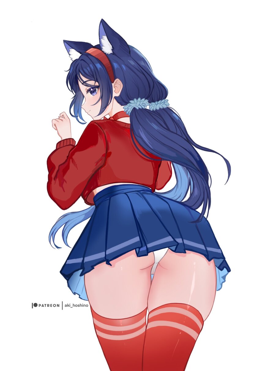 1girl, aki_hoshino, animal_ear_fluff, animal_ears, ass, blue_eyes, blue_hair, blue_scrunchie, blue_skirt, cat_ears, cat_girl, closed_mouth, crazy_mita_(miside), from_behind, hair_ornament, hair_scrunchie, highres, kemonomimi_mode, long_hair, miside, mita_(miside), panties, pantyshot, patreon_username, pleated_skirt, red_sweater, red_thighhighs, scrunchie, skirt, smile, solo, sweater, thighhighs, twintails, underwear, upskirt, white_panties