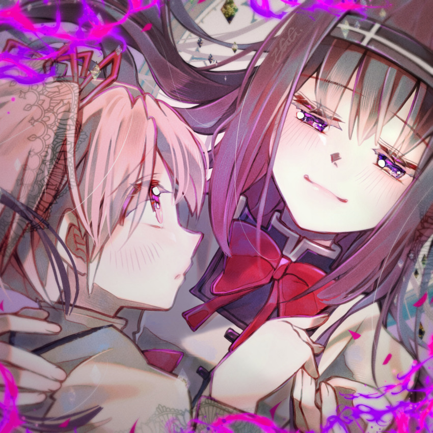 2girls, absurdres, akemi_homura, black_hair, bow, bowtie, eggplant24h, highres