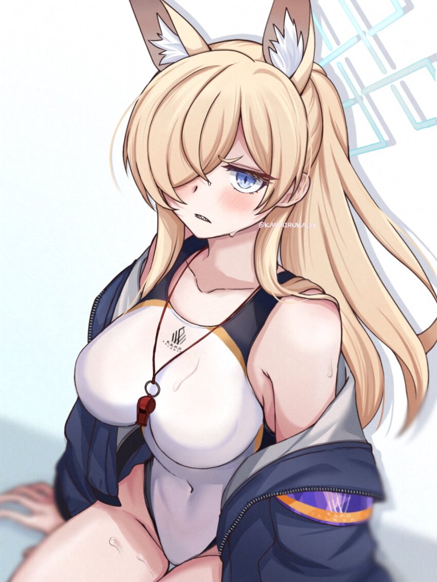 1girl, animal_ears, bare_shoulders, blonde_hair, blue_archive, blue_eyes, blue_jacket, blush