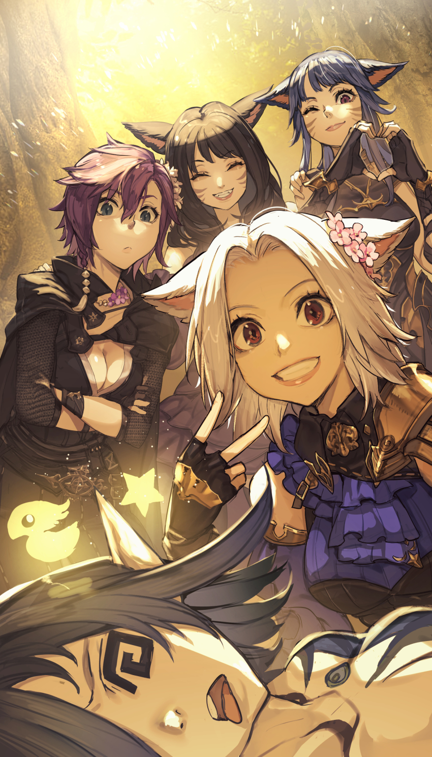 5girls, @_@, absurdres, animal_ears, armor, black_gloves, black_hair, blue_dress