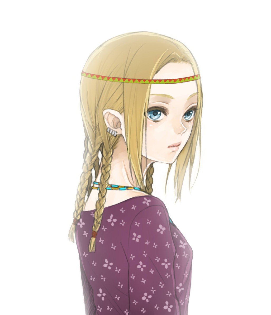 1girl, amami_kiiro, bad_id, bad_pixiv_id, blonde_hair, blue_eyes, braid, earrings, female_focus, getter_love!!, headband, jewelry, kurono_yuu, light_brown_hair, lips, long_hair, multiple_braids, necklace, solo, upper_body