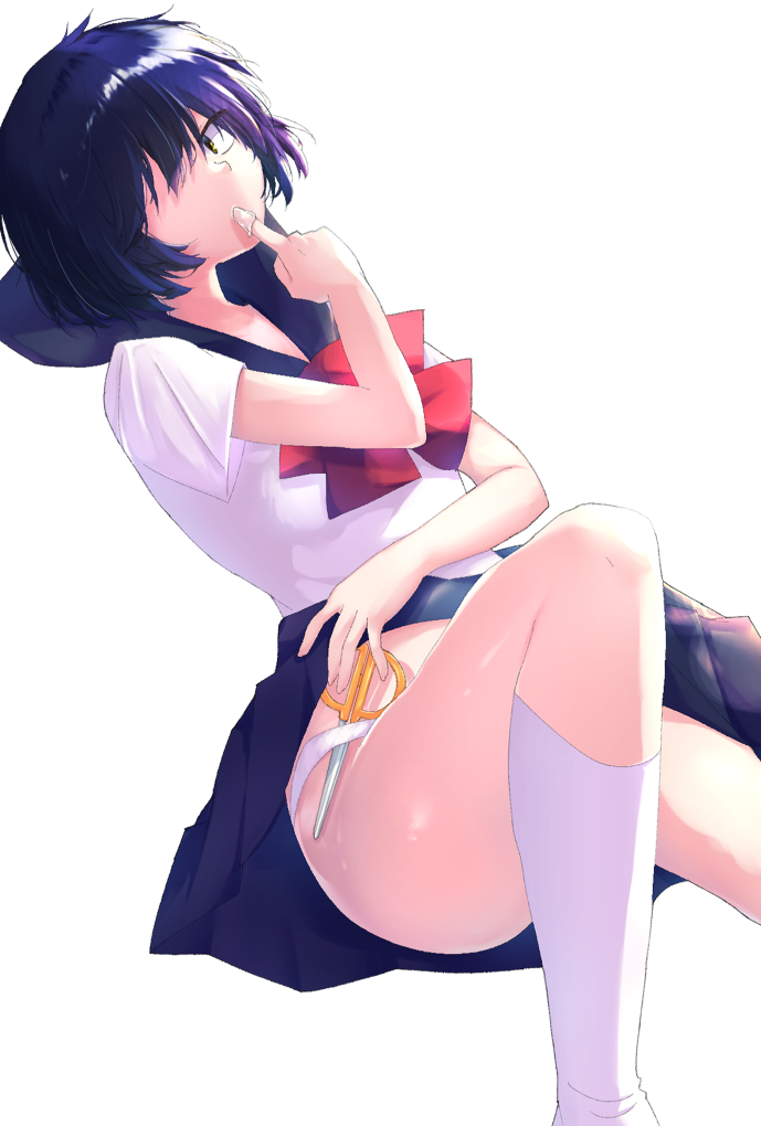 1girl, black_hair, black_sailor_collar, black_skirt, bow, bowtie, clothes_lift, commentary_request, feet_out_of_frame, finger_to_mouth, hajime_ujita, knee_up, looking_at_viewer, nazo_no_kanojo_x, panties, pleated_skirt, red_bow, red_bowtie, sailor_collar, saliva, school_uniform, scissors, serafuku, shirt, short_hair, short_sleeves, simple_background, skirt, skirt_lift, socks, solo, thighs, underwear, urabe_mikoto, white_background, white_panties, white_shirt, white_socks