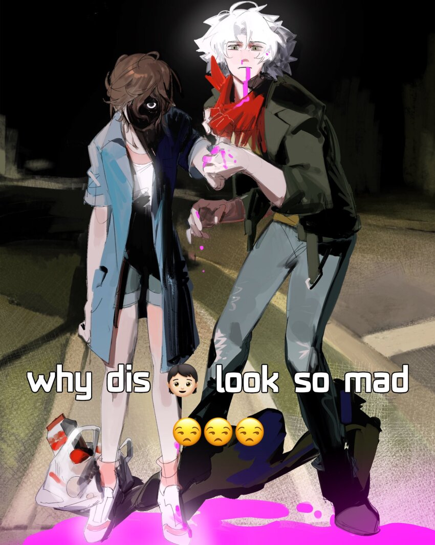 1boy, 1girl, bag, bandana, black_jacket, blood, blood_from_mouth, blood_on_feet