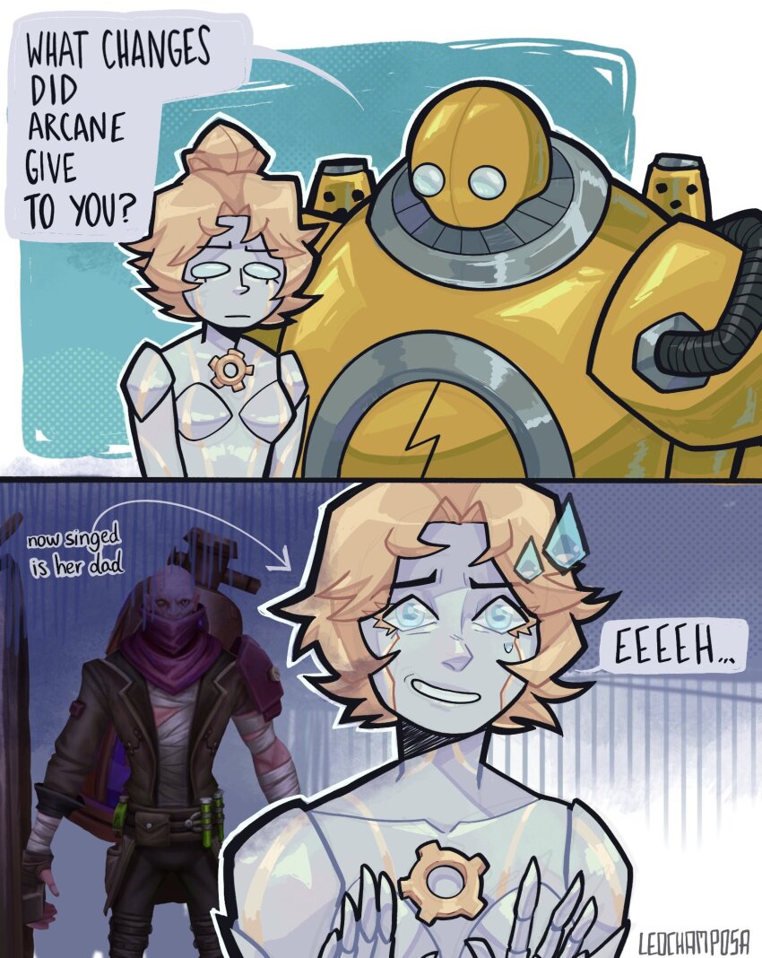 1boy, 1girl, arcane:_league_of_legends, arcane_singed, artist_name, bandaged_arm, bandaged_chest, bandages