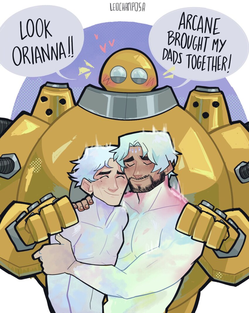 2boys, arcane:_league_of_legends, beard, blitzcrank, blush, closed_mouth, collarbone, colored_skin, english_text, facial_hair, heart, highres, hug, jayce_(league_of_legends), league_of_legends, leochamposa, multiple_boys, muscular, muscular_male, pink_background, robot, smile, speech_bubble, upper_body, viktor_(arcane), viktor_(league_of_legends), white_background, white_hair, white_skin, yaoi