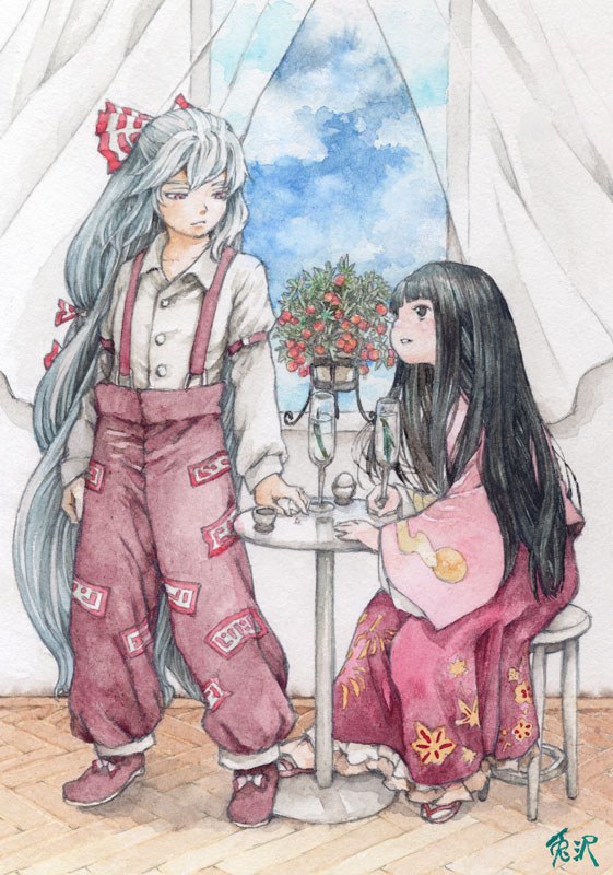 2girls, curtains, female_focus, floating_curtains, flower, fujiwara_no_mokou, houraisan_kaguya, multiple_girls