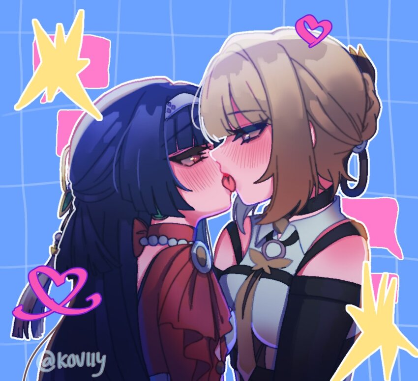 2girls, artist_name, astra_yao, black_hair, blonde_hair, blush, couple, earrings