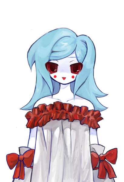 2000s_(style), blue_hair, bow, colored_sclera, colored_skin, detached_sleeves, dress, faroja