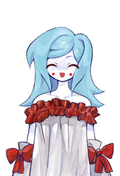 2000s_(style), blue_hair, bow, colored_skin, detached_sleeves, dress, faroja, heartlovepowertemple