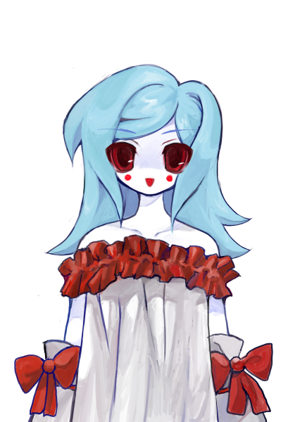 2000s_(style), blue_hair, bow, colored_sclera, colored_skin, detached_sleeves, dress, faroja