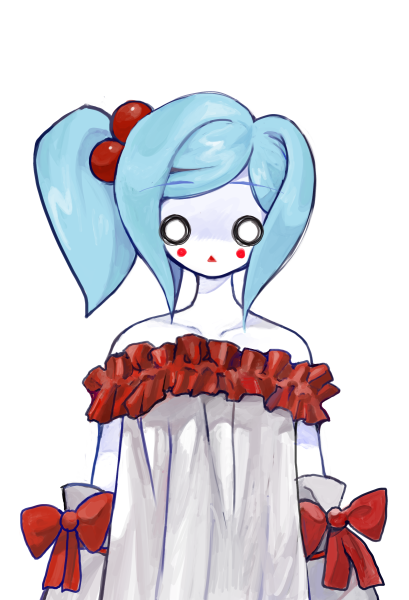 2000s_(style), blue_hair, bow, colored_skin, detached_sleeves, dress, faroja, heartlovepowertemple