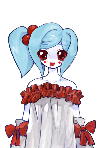 2000s_(style), blood, blood_from_mouth, blue_hair, bow, colored_sclera, colored_skin, detached_sleeves