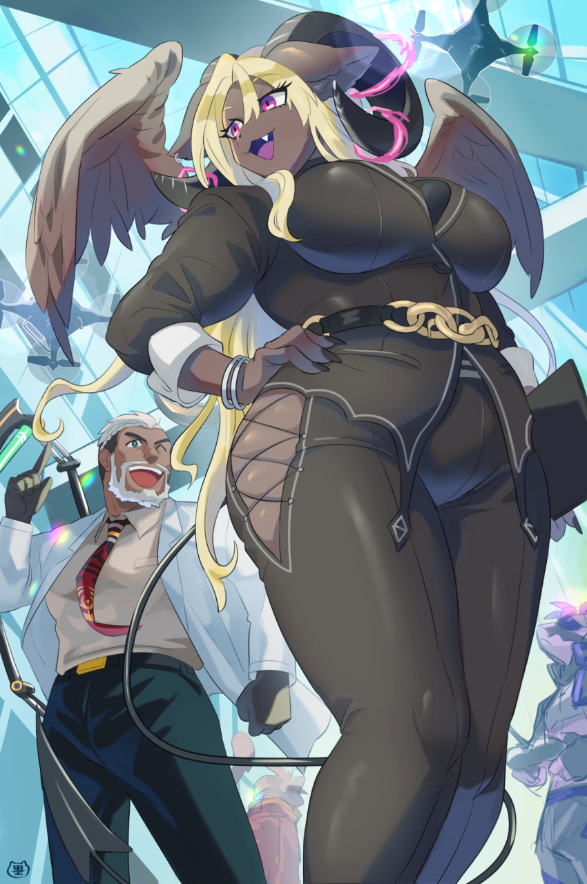 1boy, 1girl, :3, animal_ears, animal_nose, arm_at_side, artist_name, aura