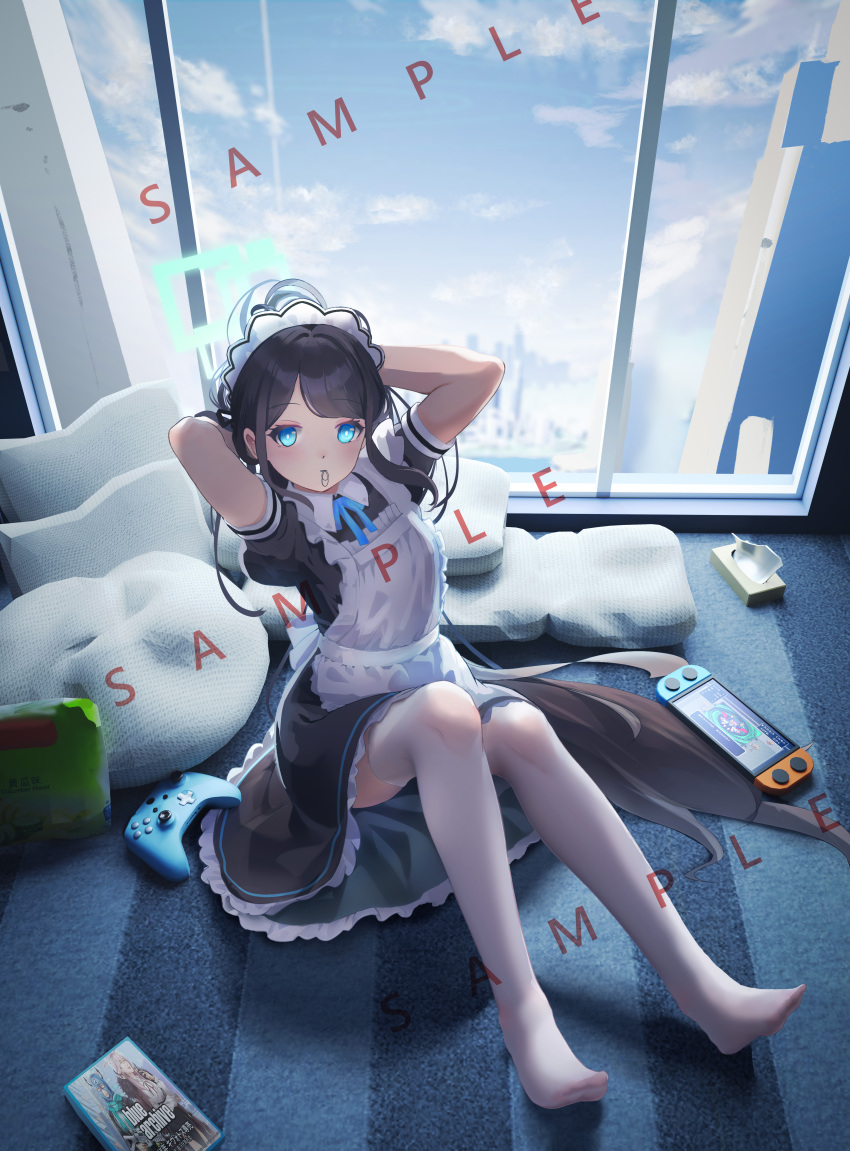 1girl, absurdres, apron, aris_(blue_archive), aris_(maid)_(blue_archive), arms_behind_head, aru_(blue_archive), black_dress