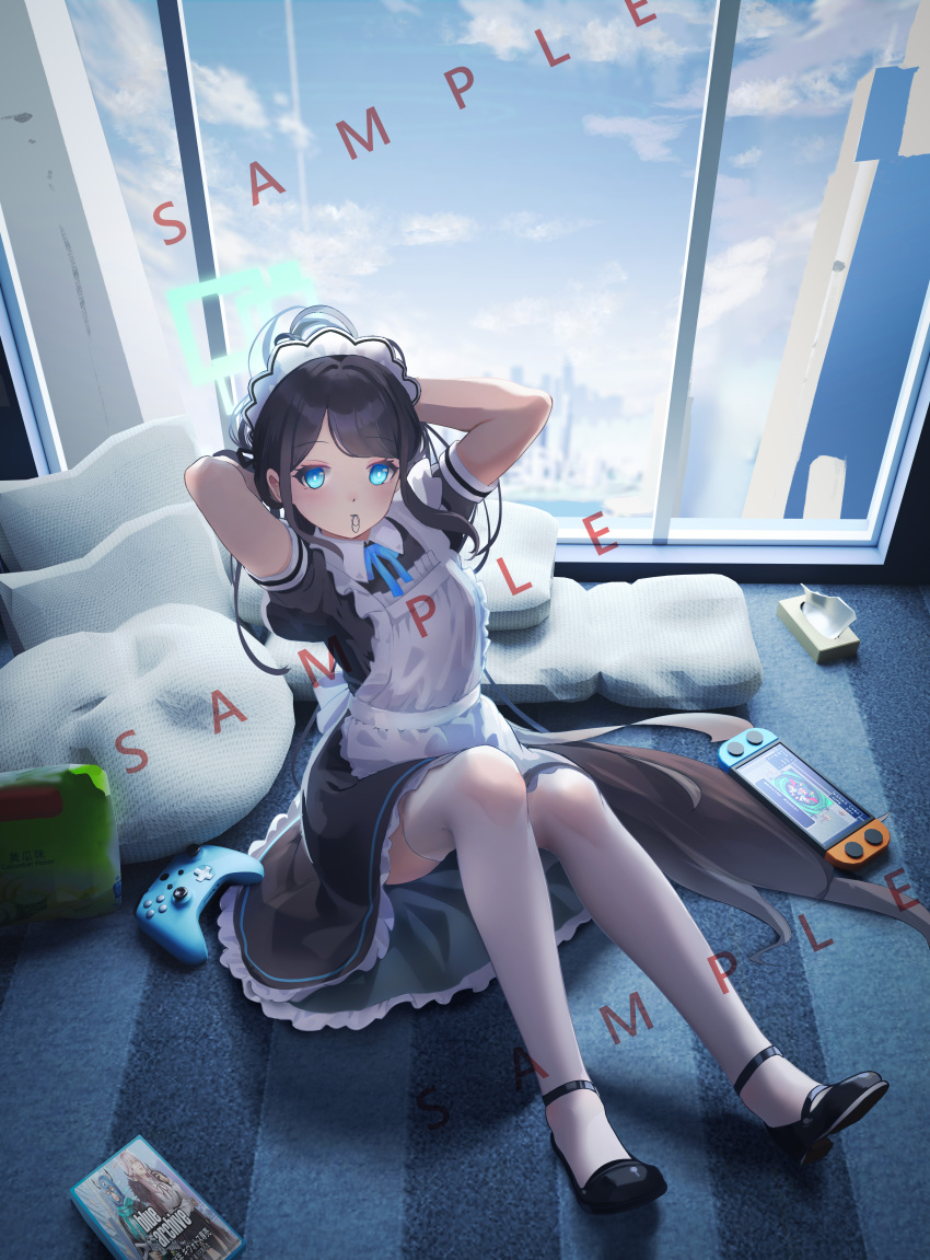 1girl, absurdres, apron, aris_(blue_archive), aris_(maid)_(blue_archive), arms_behind_head, aru_(blue_archive), black_dress