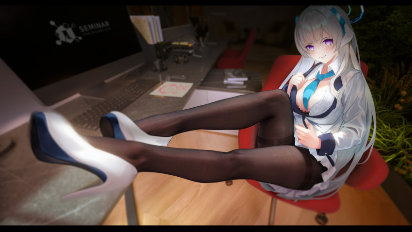 1girl, absurdres, black_bra, blue_archive, blue_necktie, blush, bra, chair