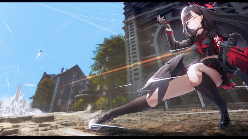 1girl, absurdres, armband, black_footwear, black_gloves, black_hair, black_sailor_collar, black_shirt