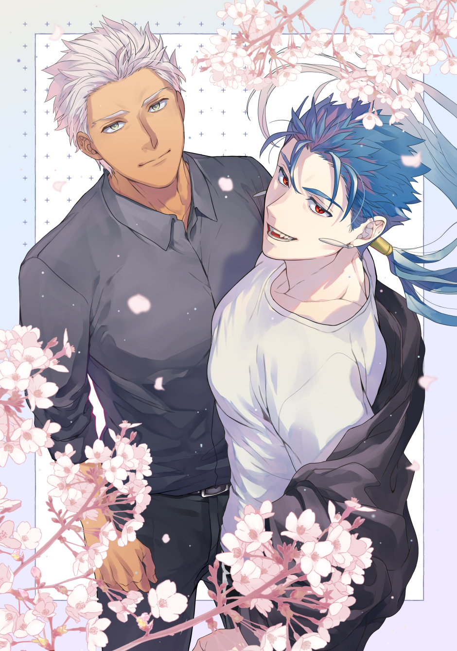 0343_u, 2boys, archer_(casual_wear)_(fate), archer_(fate), black_jacket, black_pants, black_shirt, blue_border