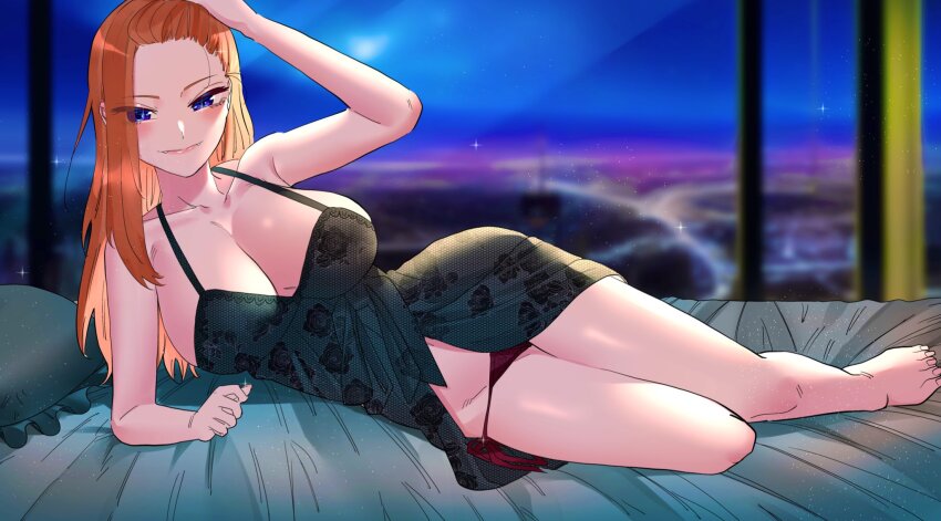 1girl, arm_support, arm_up, babydoll, bangs_pinned_back, bare_arms, barefoot, bed_sheet