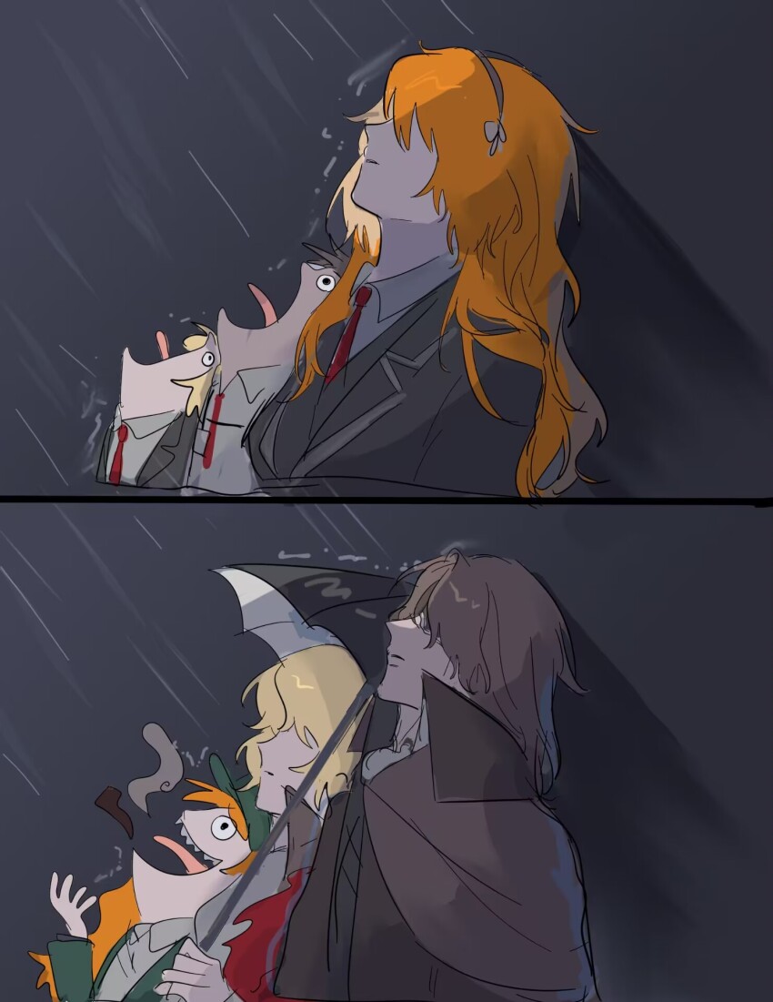 1girl, 2boys, blonde_hair, closed_mouth, heathcliff_(project_moon), highres, holding, holding_umbrella