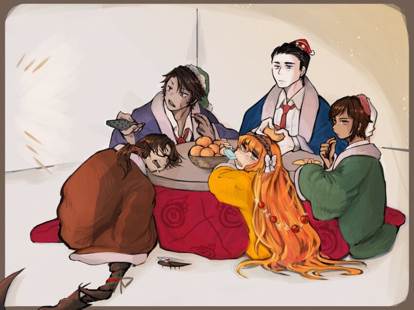 blue_haori, bow, bowl, brown_hair, brown_hairband, brown_haori, christmas_ornaments_in_hair, collared_shirt