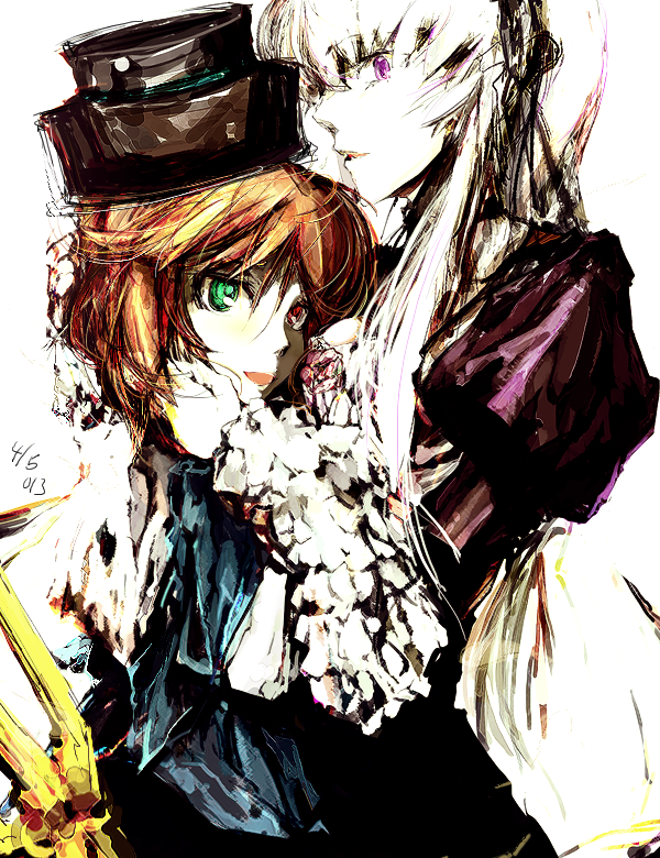 00s, bad_id, bad_pixiv_id, brown_hair, frills, hat, heterochromia, hug