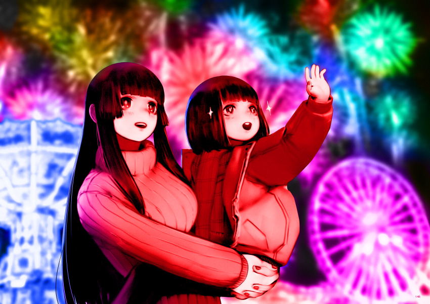 2girls, absurdres, amusement_park, artist_name, black_hair, blunt_bangs, cari_(scari), ferris_wheel