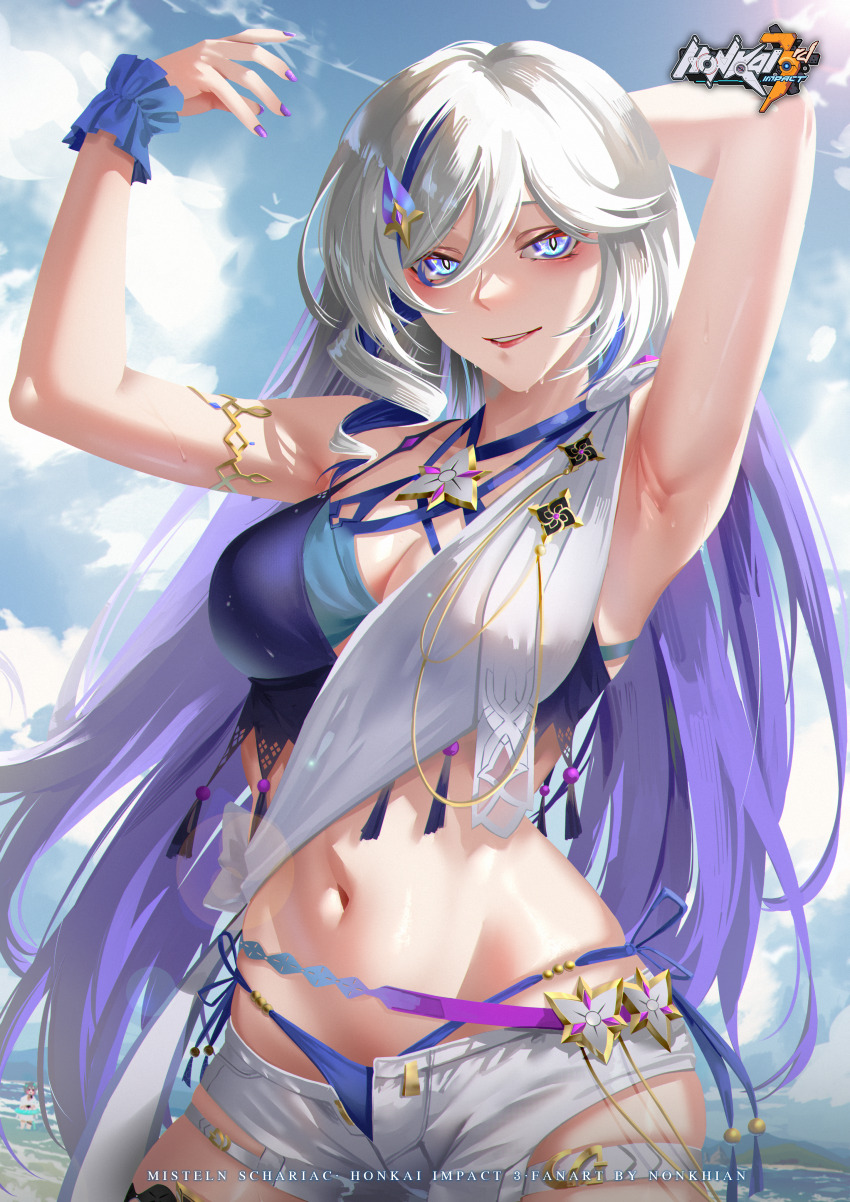 absurdres, armpits, arms_up, beach, blue_eyes, blue_hair, hair_ornament, highres, honkai_(series), honkai_impact_3rd, long_hair, misteln_schariac, misteln_schariac_(lulling_waves), multicolored_hair, nail_polish, navel, nonkhian, shirt, shorts, smile, swimsuit, white_shirt