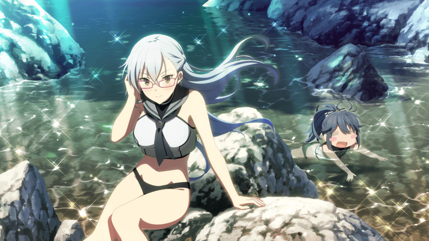 2girls, =_=, adapted_costume, ayanokouji_martial_arts_school_uniform, bikini, black_hair, blush_stickers, boulder