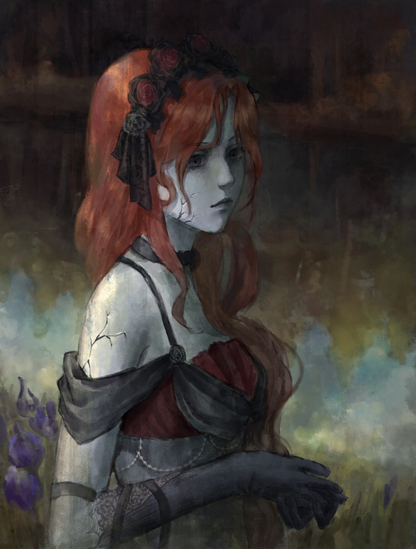 1girl, absurdres, banshee_(infinity_nikki), bare_shoulders, black_choker, black_eyes, black_gloves, black_hairband, black_ribbon, black_shawl, breasts, chinese_commentary, choker, cleavage, closed_mouth, commentary_request, cracked_skin, dress, expressionless, eyelashes, field, flower, flower_hairband, gloves, grey_flower, grey_lips, grey_rose, hair_ribbon, hairband, highres, infinity_nikki, lace, lace-trimmed_gloves, lace_trim, lipstick, lolita_hairband, long_hair, makeup, night, nikki_(series), nostrils, orange_hair, outdoors, own_hands_together, pale_skin, purple_flower, realistic, red_dress, red_flower, red_rose, ribbon, rose, sea0, shawl, sidelocks, sleeveless, sleeveless_dress, solo, upper_body, wavy_hair